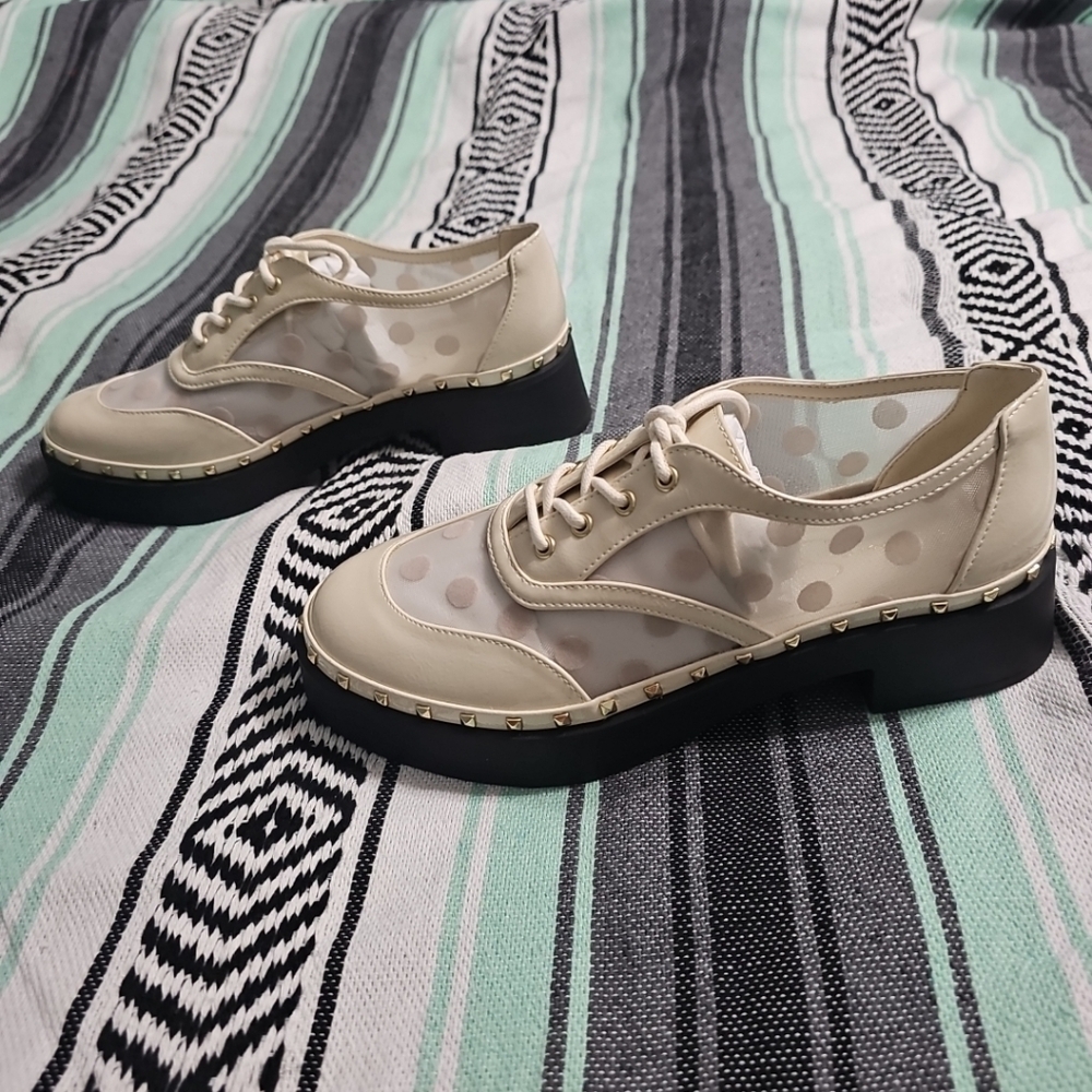 Jessica Simpson Womens 6.5M Chryse Soft Ivory Polka Dot Flock‎ Mesh Lace Oxfords